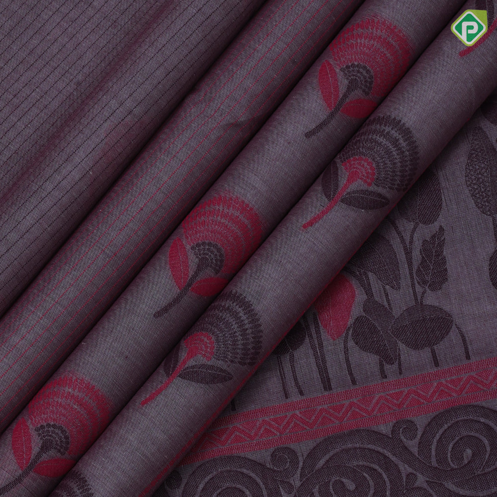 Neutral color Fancy flowers and thread lines contrast dark border soft cotton saree