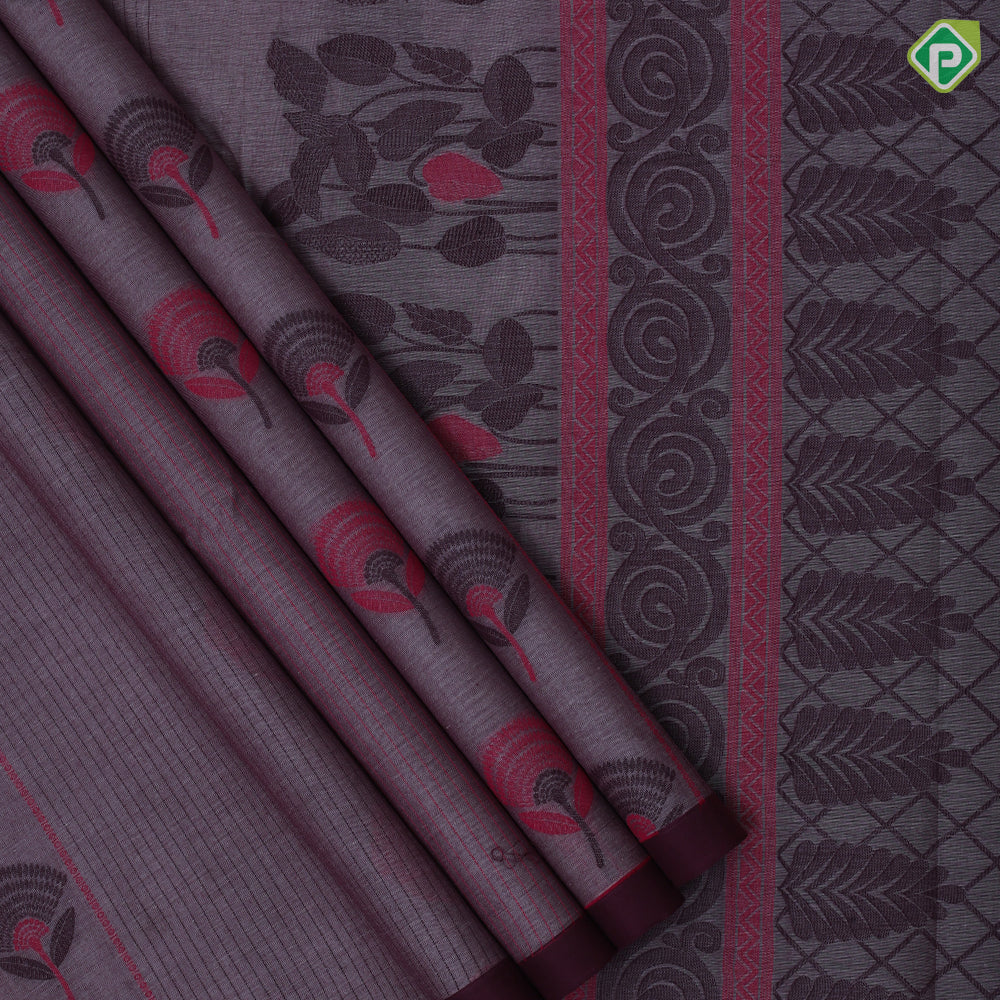 Neutral color Fancy flowers and thread lines contrast dark border soft cotton saree