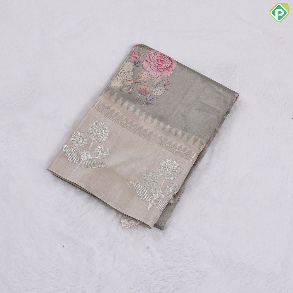 Sandal Colour With Multi Colour Flowers Printed Design Semi tusser Fancy Saree