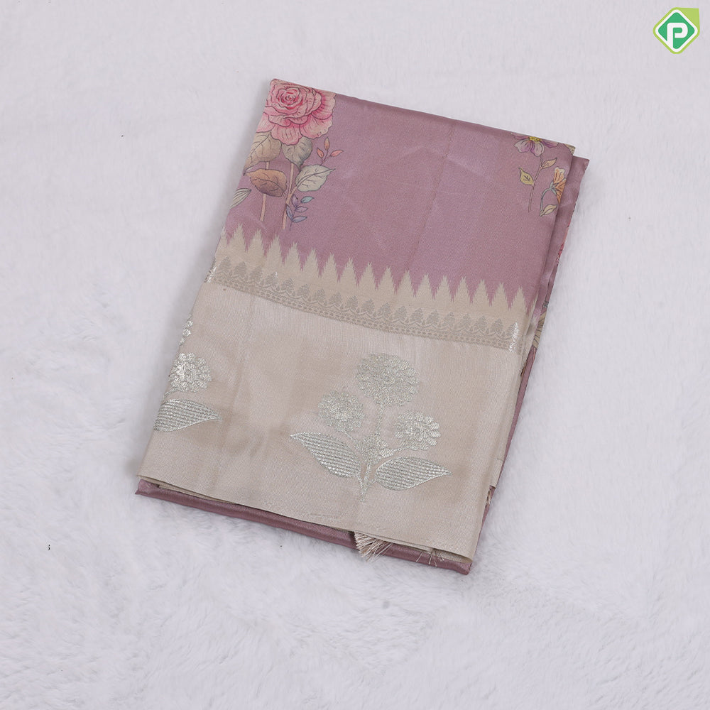 Sandal Colour With Multi Colour Flowers Printed Design Semi tusser Fancy Saree