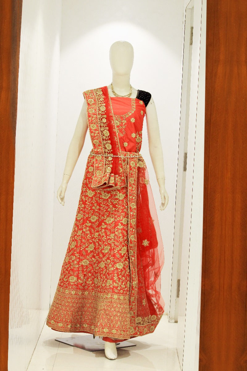 Peach Orange Colour Grand Stone Embroidery Work Motifs Velvant Grand Gagra Choli Fancy Lehanga