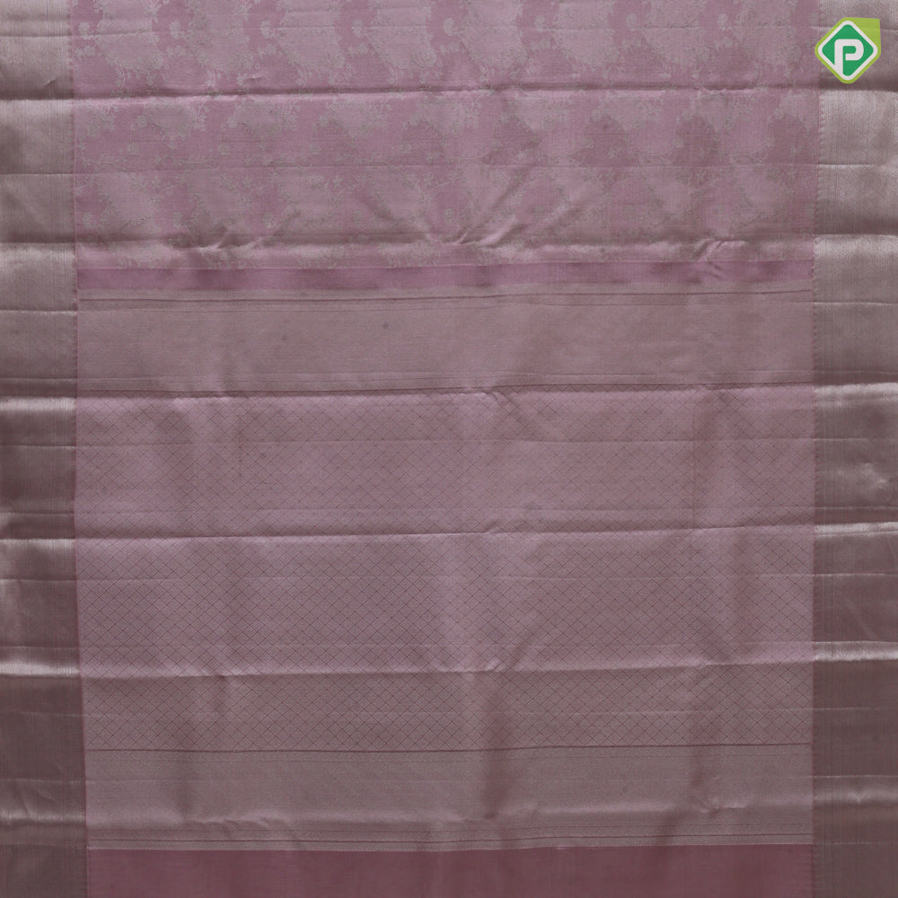 Pastel pink silver zari grand floral creeper design self silver zari diamond border tissue silk saree