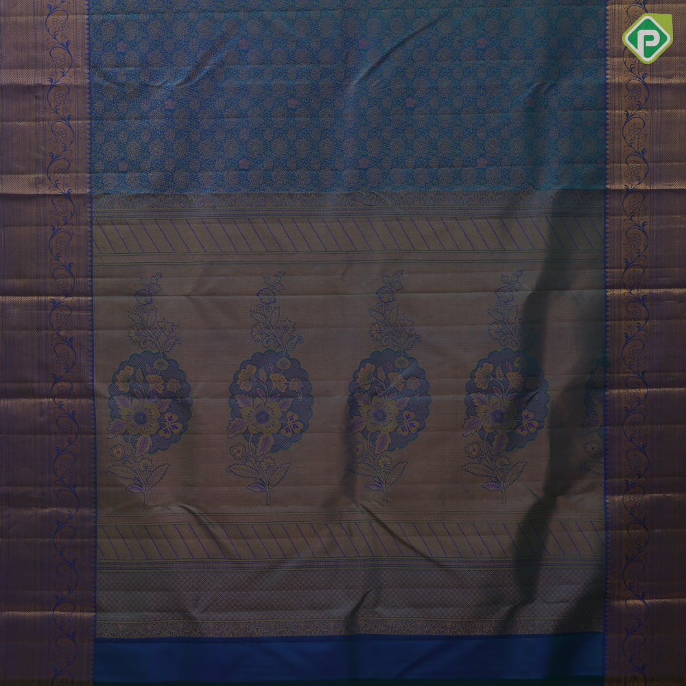 Peacock blue gold zari fancy flower meena work self gold zari rangoli border grand bridal silk saree