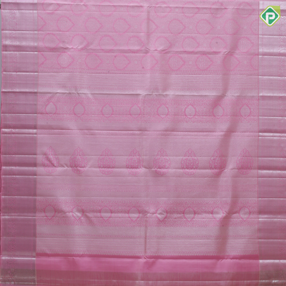 Pastel pink silver zari thilagam meena work butta self silver zari rangoli border bridal silk saree