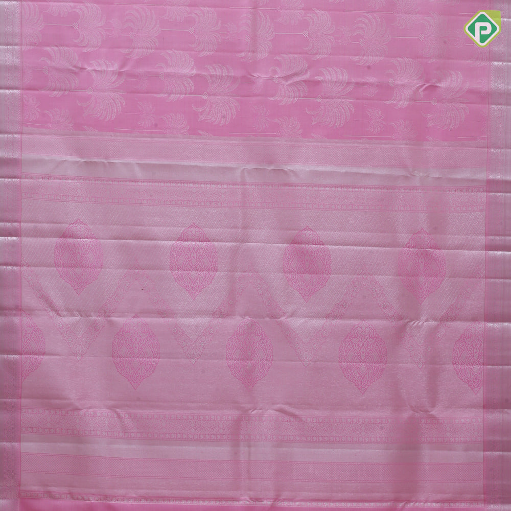 Pastel pink silver zari fancy tree design self silver zari bavanji border bridal silk saree