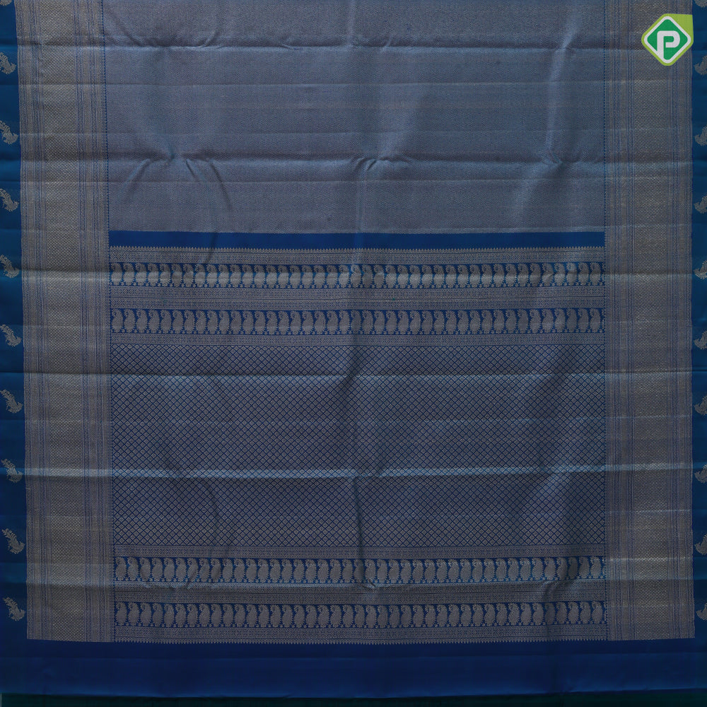 Peacock blue silver gold zari tissue design self edge peacock butta border grand bridal silk saree