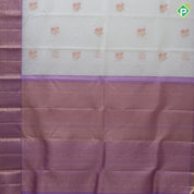 Cream White gold zari sparrow meena work butta contrast lavender gold zari border kanchi kora silk saree