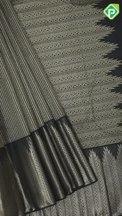 Luxury black gold zari thilagam stripes design self gold zari temple border luxury black silk saree