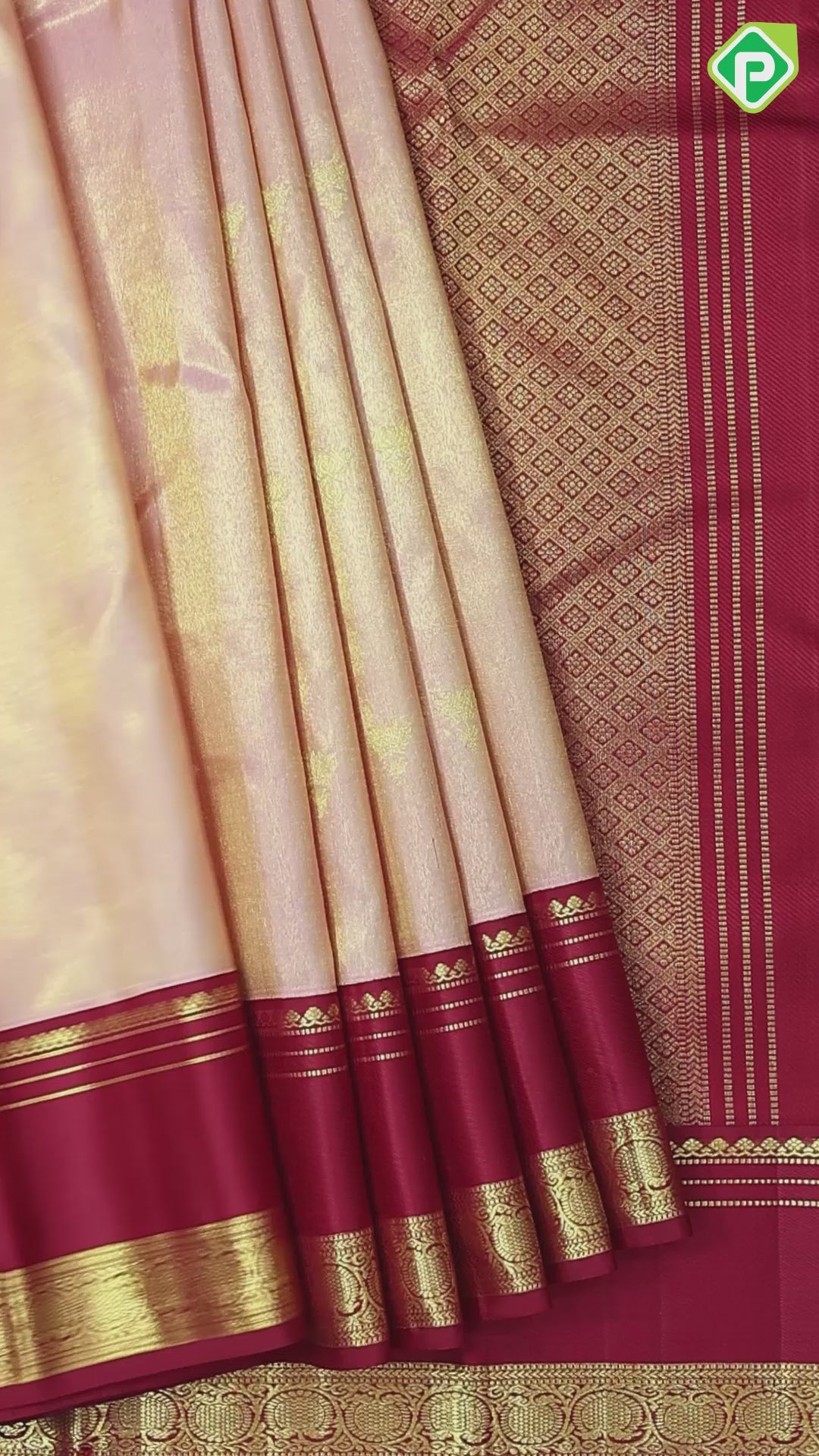 Peach Pink Gold Zari Fancy Flower butta design contrast red rettapet border traditional shimmer saree