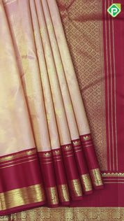 Peach Pink Gold Zari Fancy Flower butta design contrast red rettapet border traditional shimmer saree