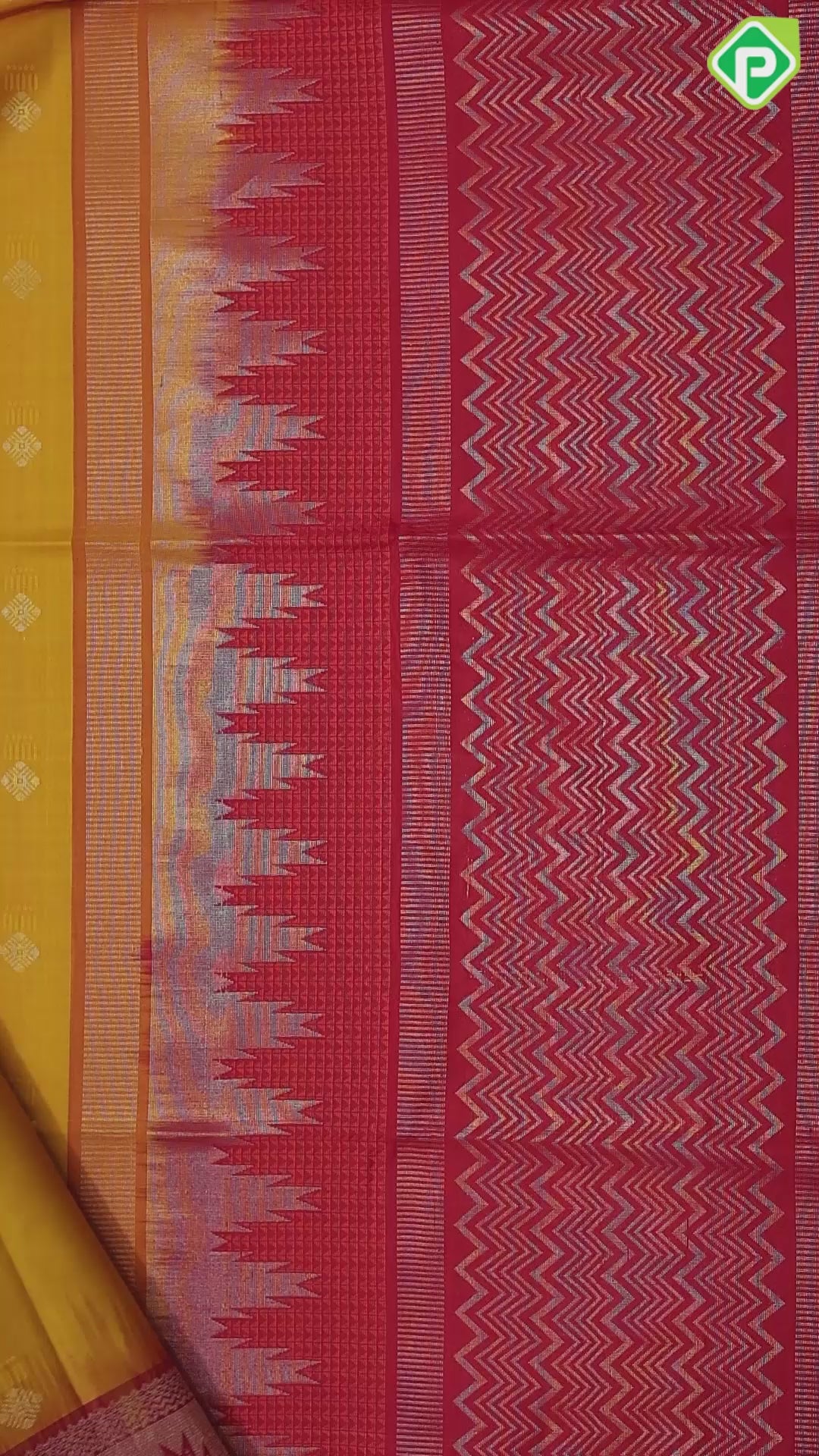 Tomato red silver zari silk thread fancy butta mustard yellow silver zari temple border soft silk saree