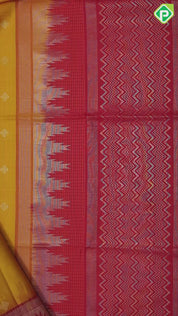 Tomato red silver zari silk thread fancy butta mustard yellow silver zari temple border soft silk saree