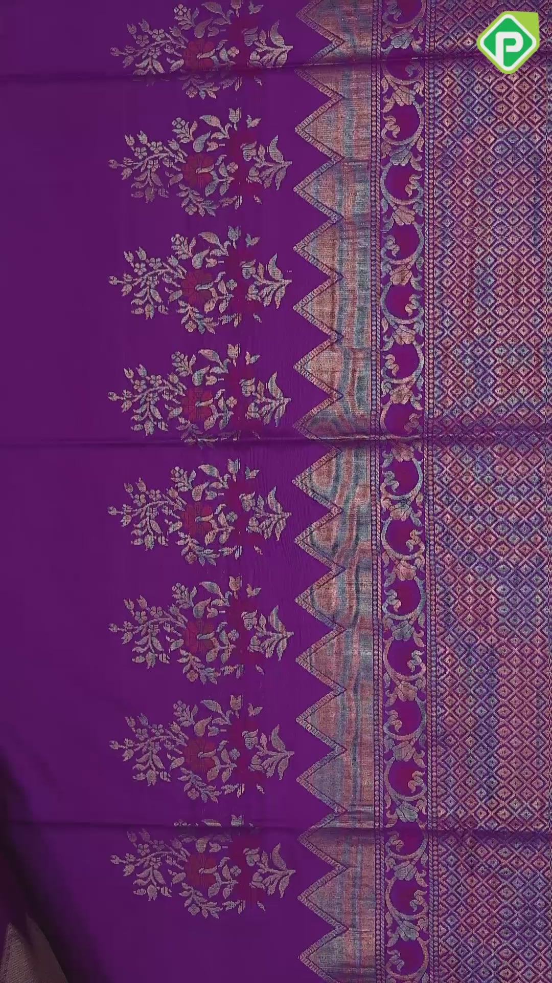 Purple group honey drop meena work butta design self gold zari meena work rangoli border soft silk saree