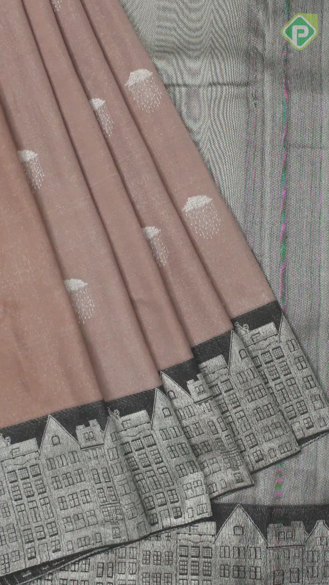 Onion Pink Silver Zari Rain Cloud And Amsterdam Building Inspired Trendy Designer Silk Saree