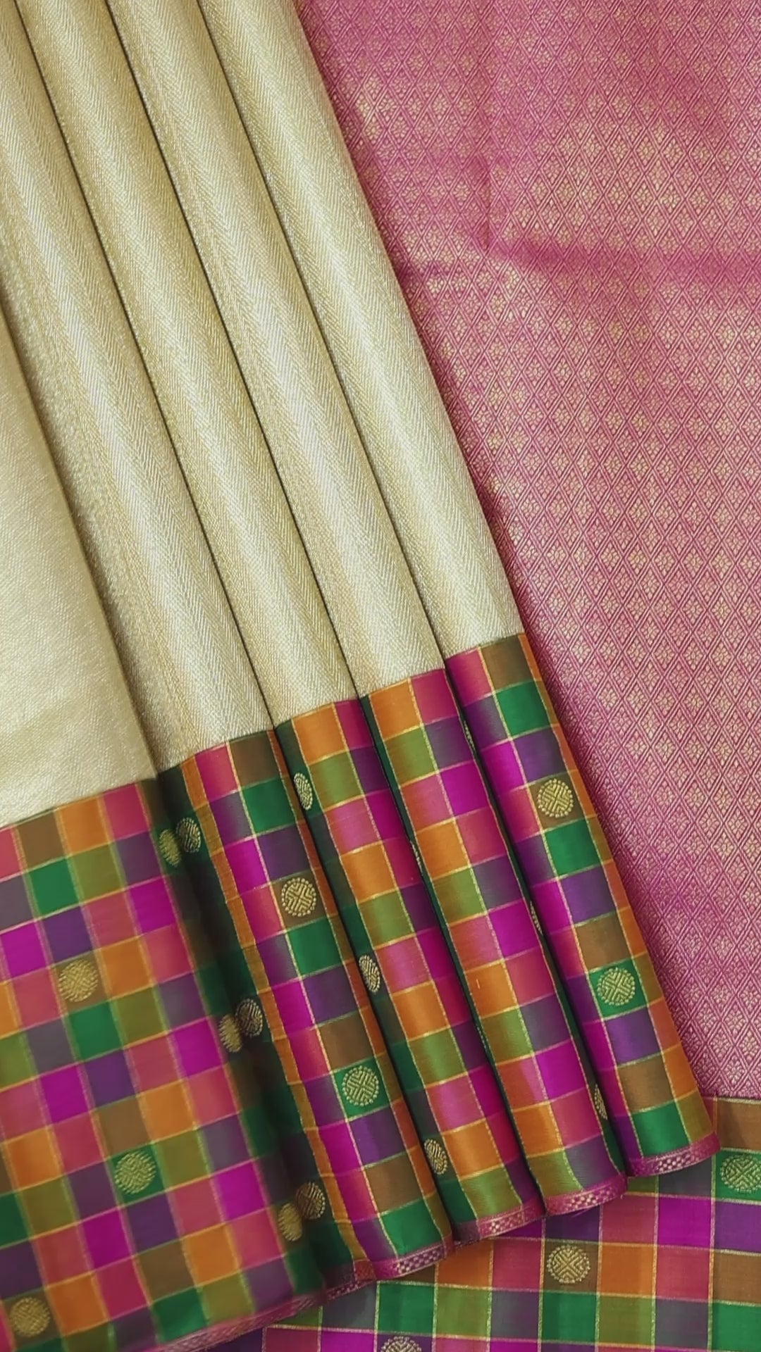 Creamy gold zari by zari weaved design multi colour checks border Traditional silk saree