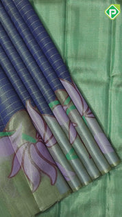 Mid night blue gold zari by zari lines tissue weaved gold base multi color lotus meena work master weaved silk saree