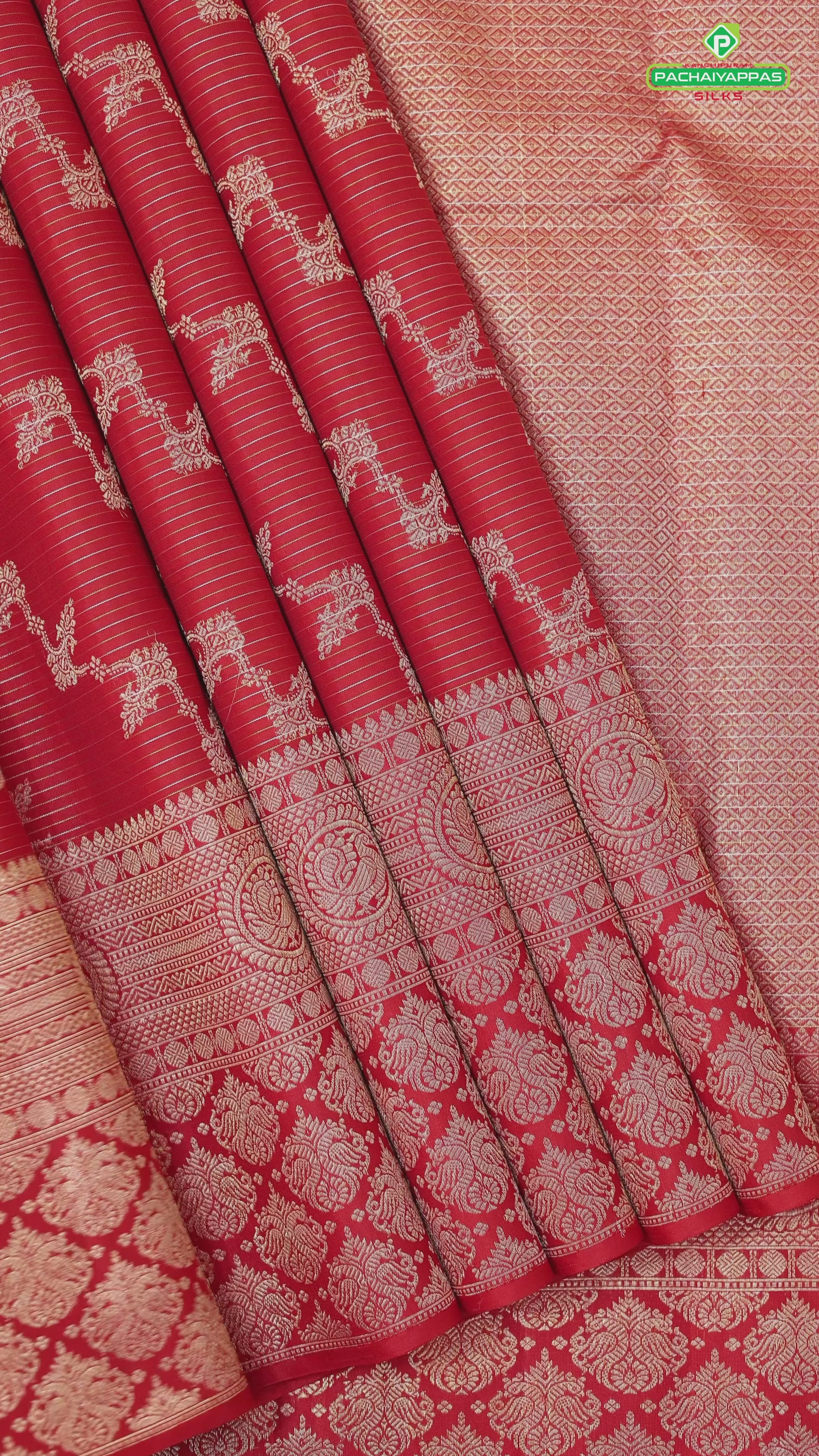 Rose pink with silver gold zari vairaoosi lines grand cross floral checks self border bridal silk saree