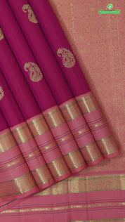 Rani pink gold zari mango butta motifs peach with gold zari silk thread lines border traditional silk saree