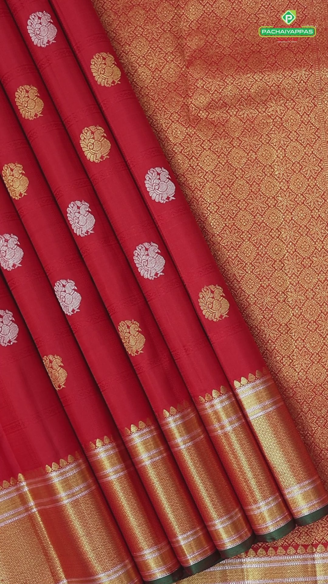 Chilly Red Gold Zari Peacock Butta Self Colour Edge Green Border Traditional Silk Saree