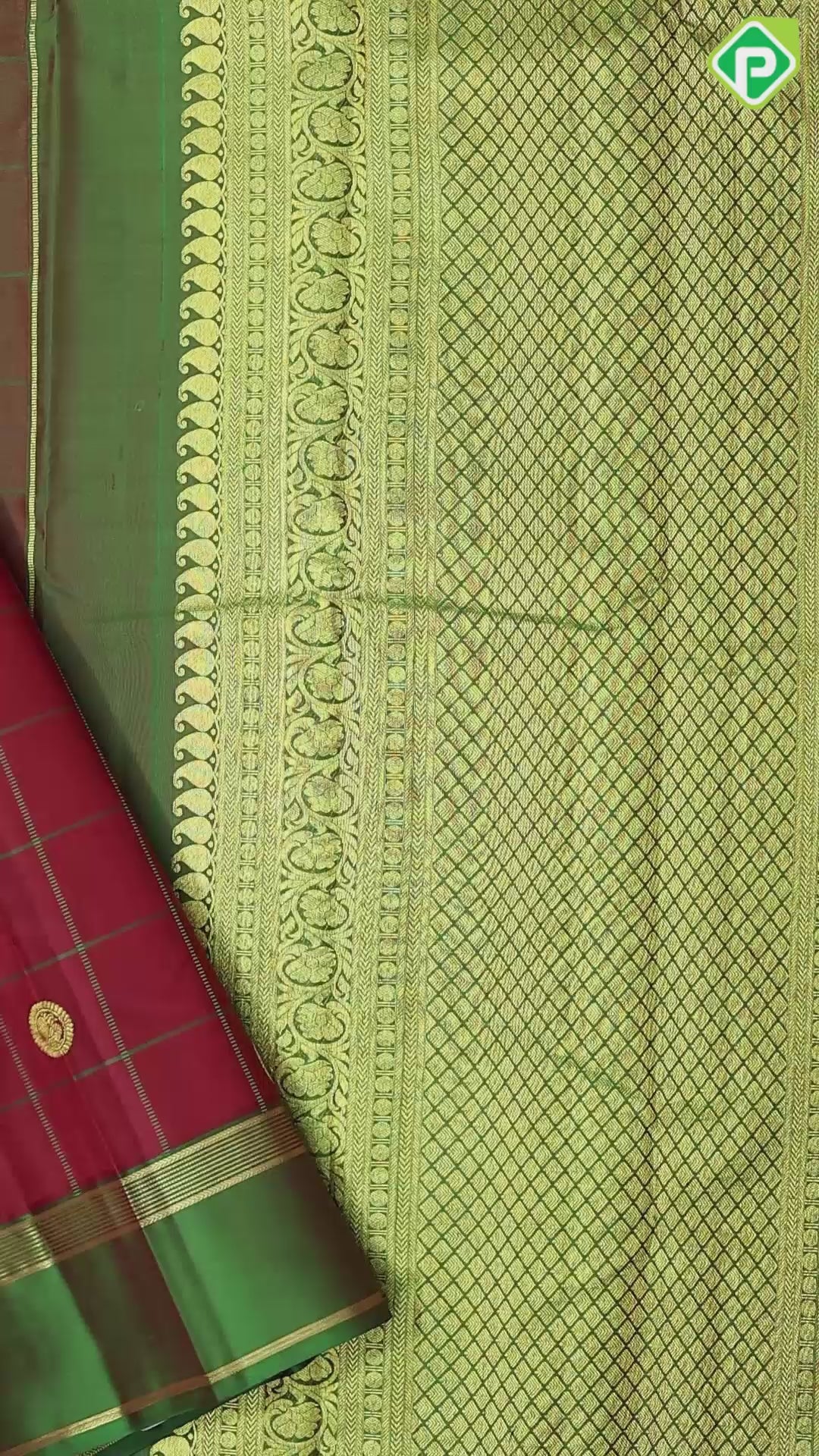 Chilly red gold zari peacock round butta green with gold zari lines border gift silk saree