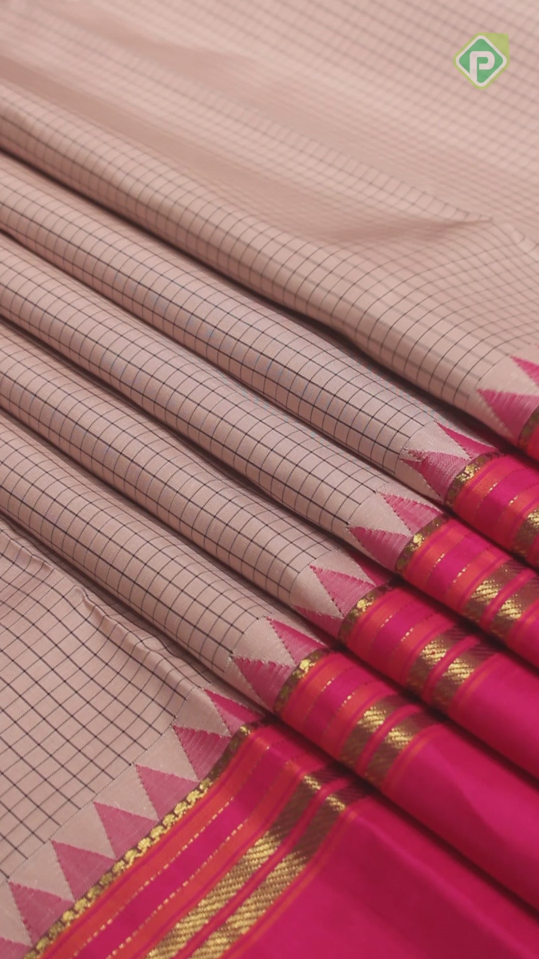 Creamy Peach With Grape Brown Small Checks Contrast Border Traditional Silk Saree