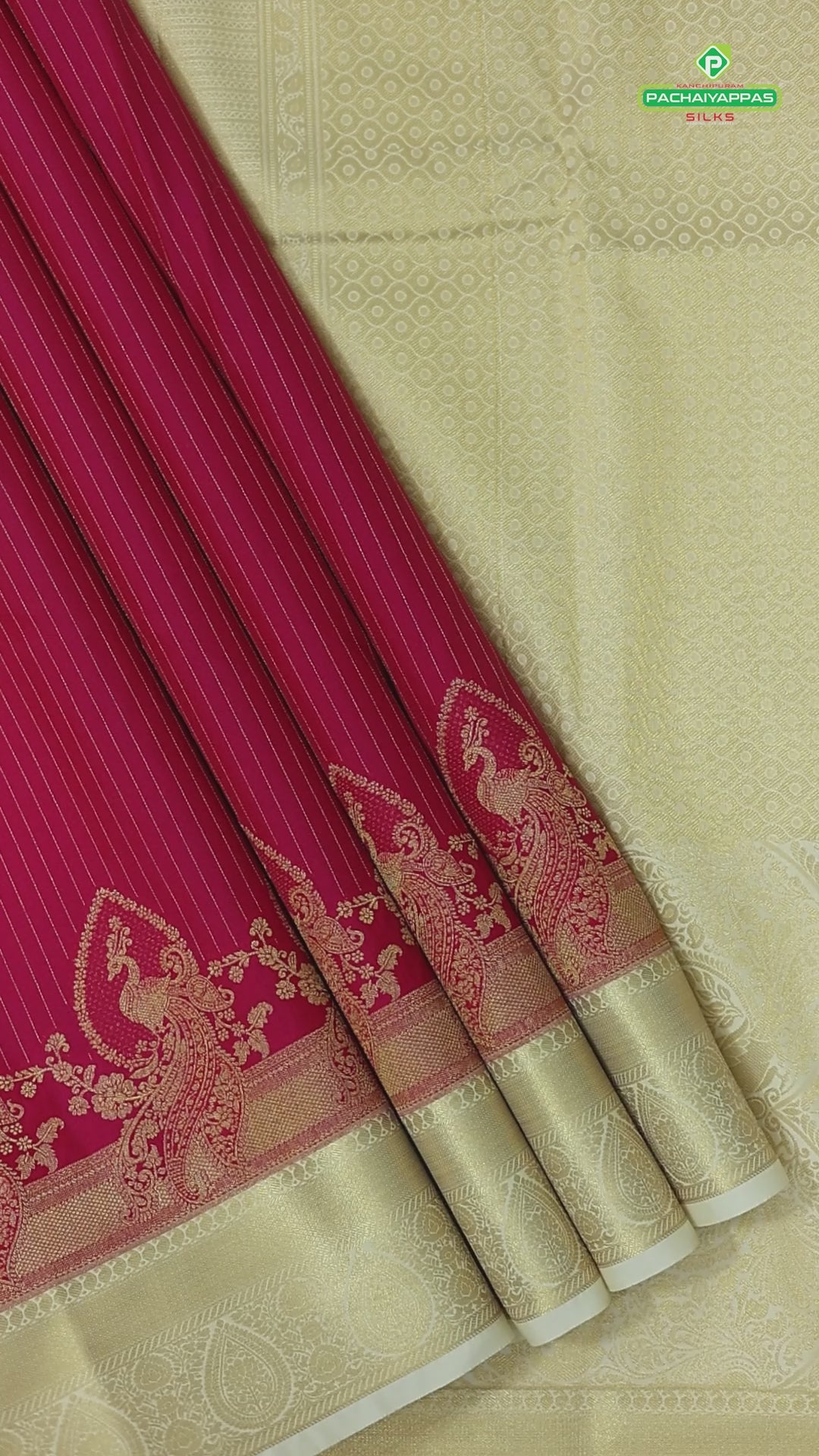 Tomato red gold zari stripes peacock design contrast cream gold zari thilagam border art silk gift saree