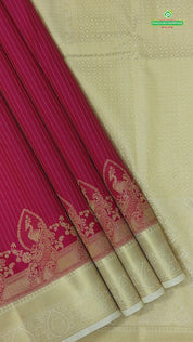 Tomato red gold zari stripes peacock design contrast cream gold zari thilagam border art silk gift saree