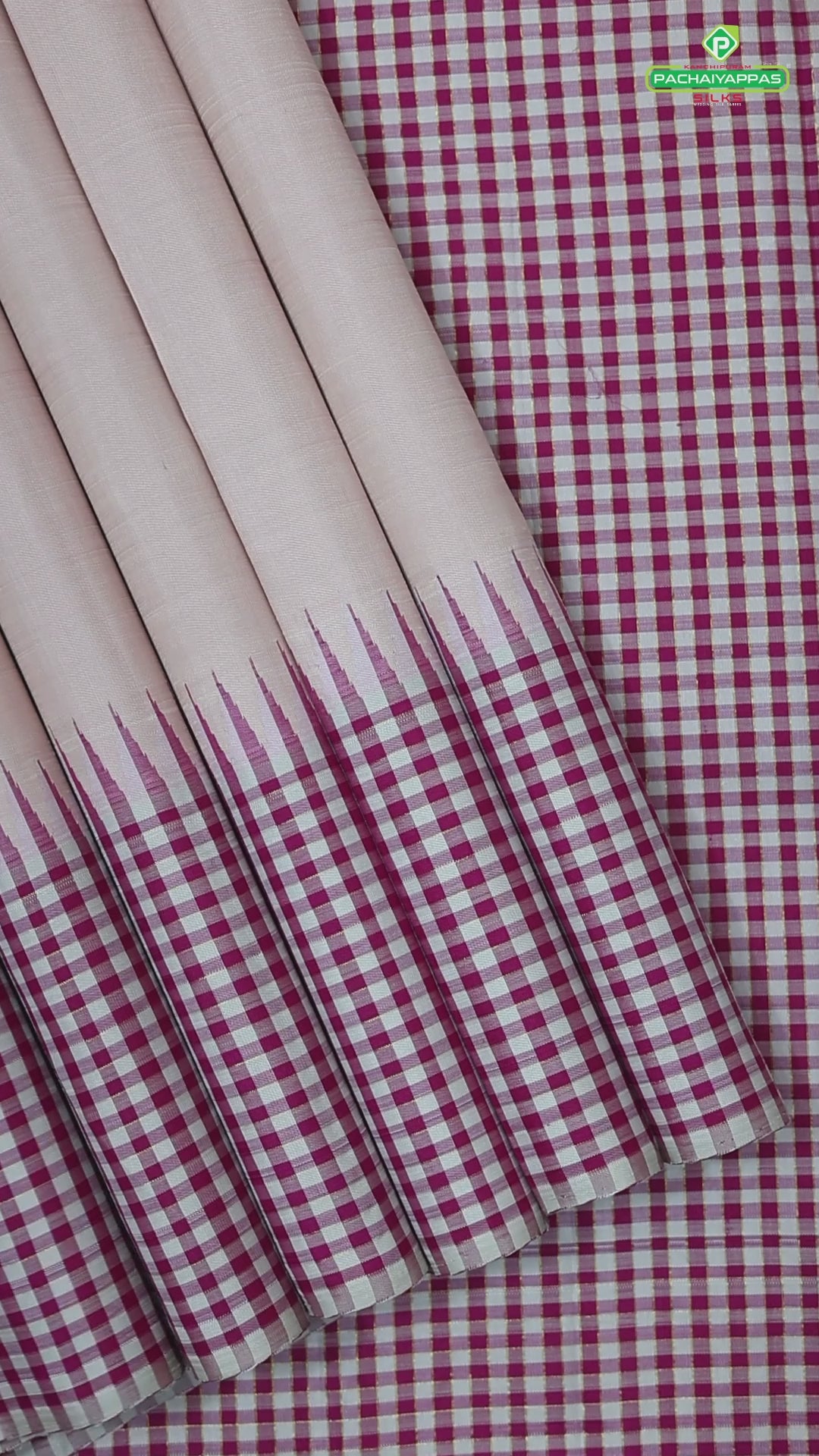 Peach Plain full body weaved design contrast pink with which checked border Traditional silk saree