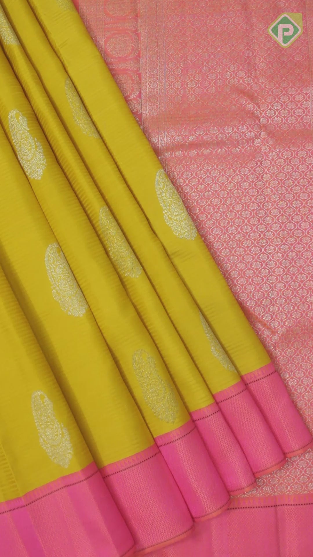Mustard Yellow Gold Zari Mango Motif With  Pink Thread Work Border Traditional Silk Saree