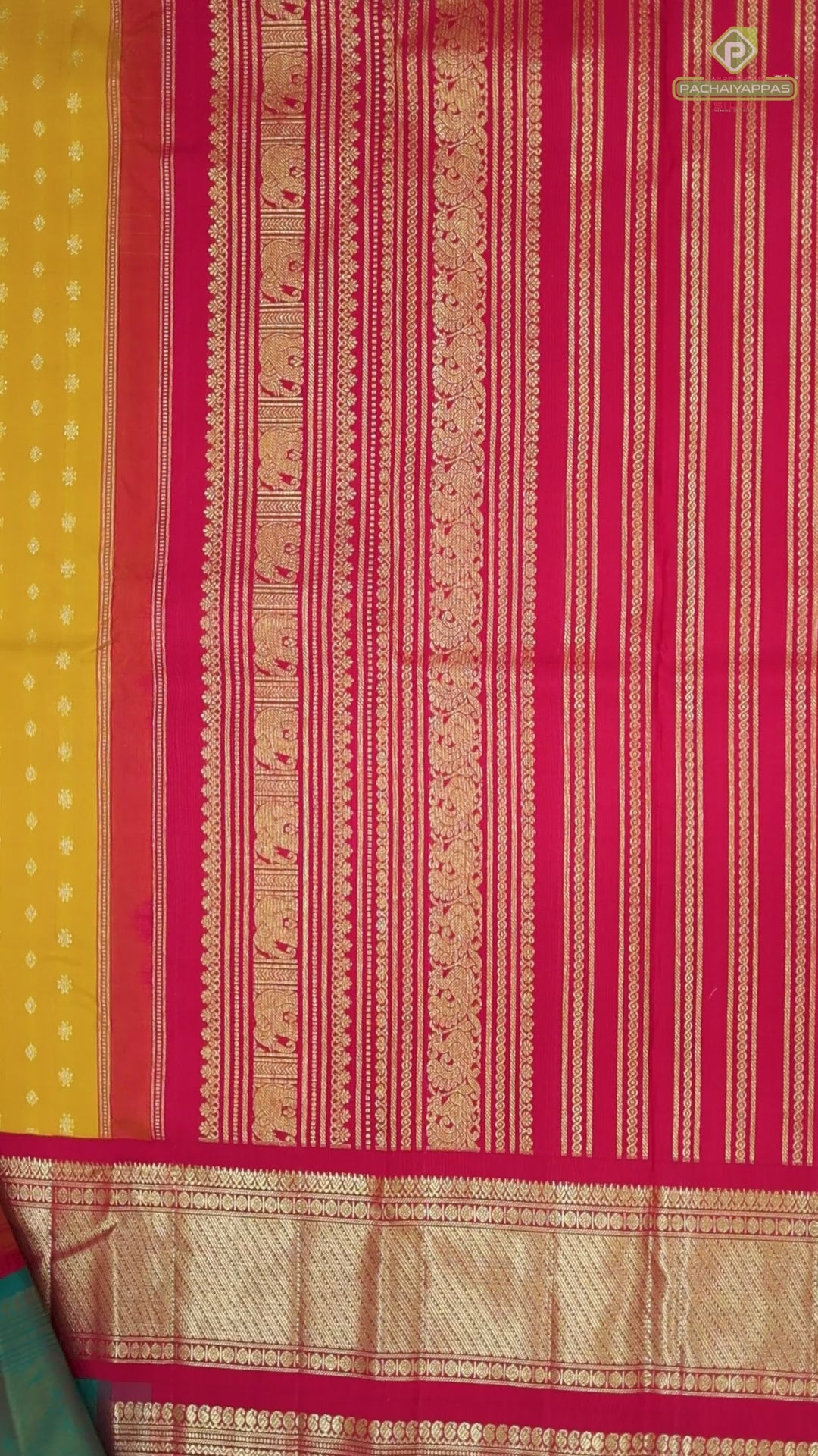 Mustard yellow silver gold zari small butta motifs paaalum pazhamum gold zari border traditional silk saree