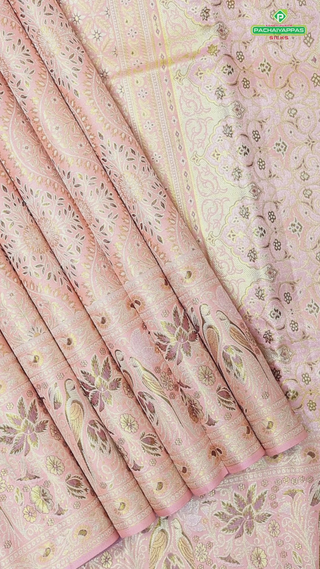 peach pink gold zari meena work grand design self border exclusive wedding silk saree