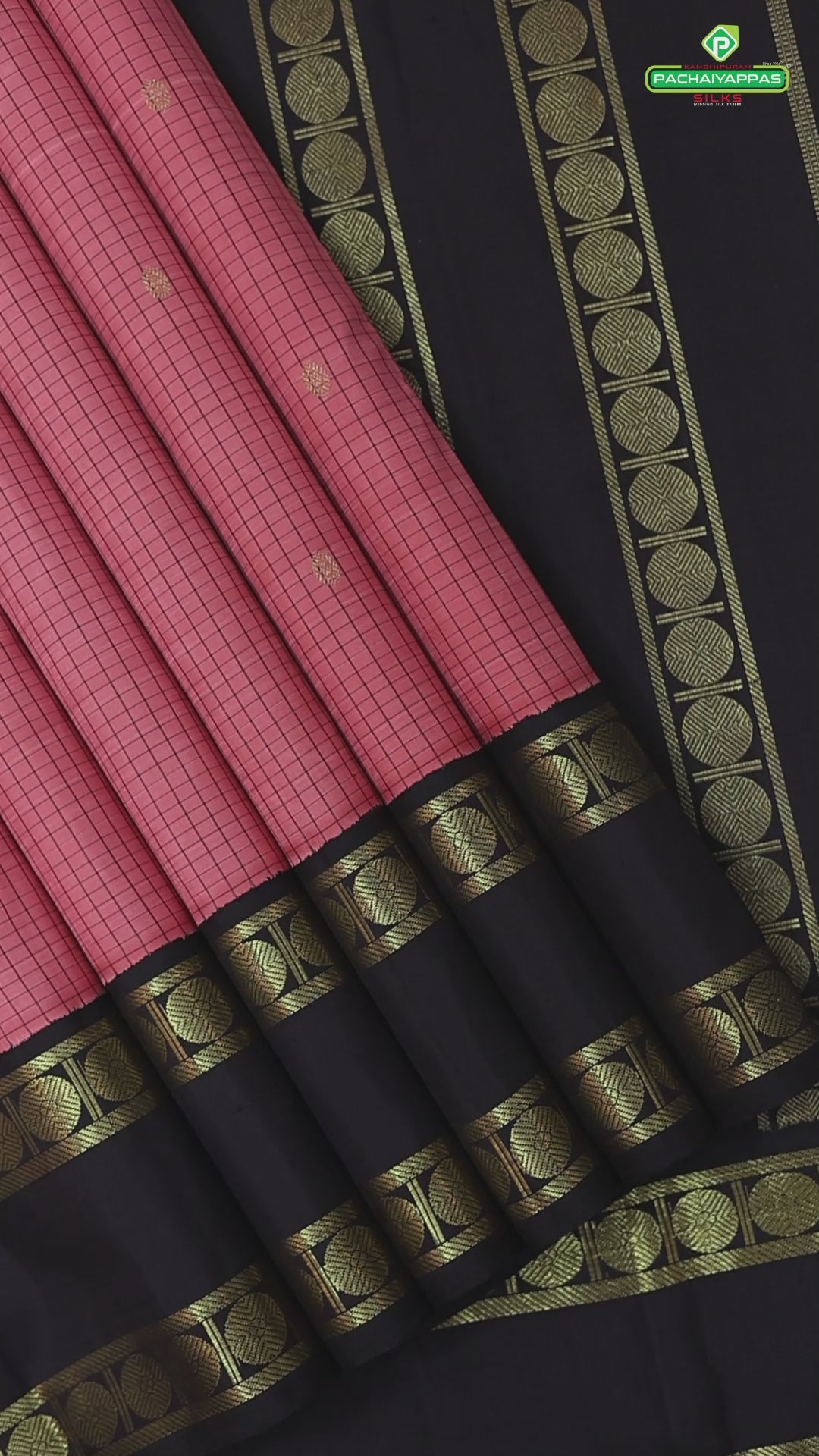 peach orange with brown checks gold zari rudraksham butta contrast rettapet border retro traditional silk saree