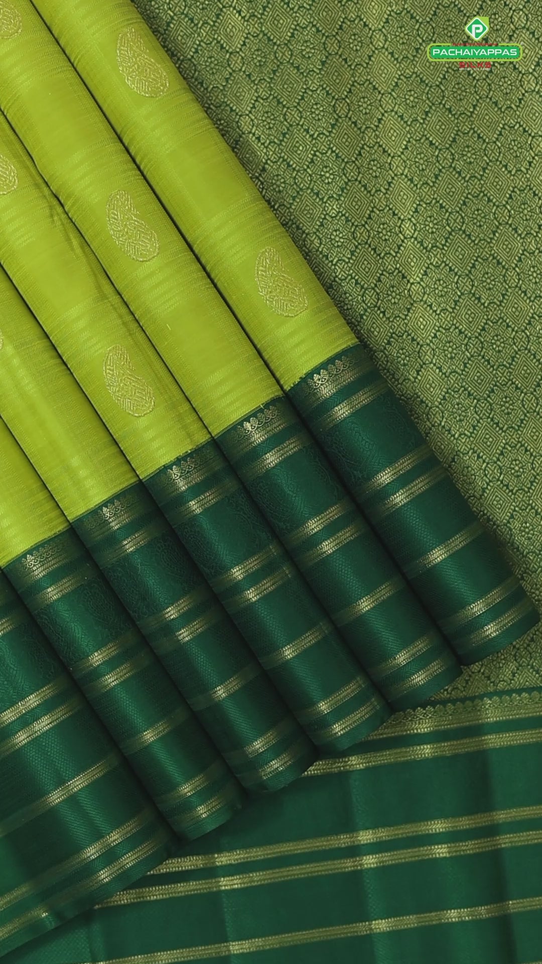 Lemon yellow with mango butta design dark green gold zari multi lines border Traditional silk saree