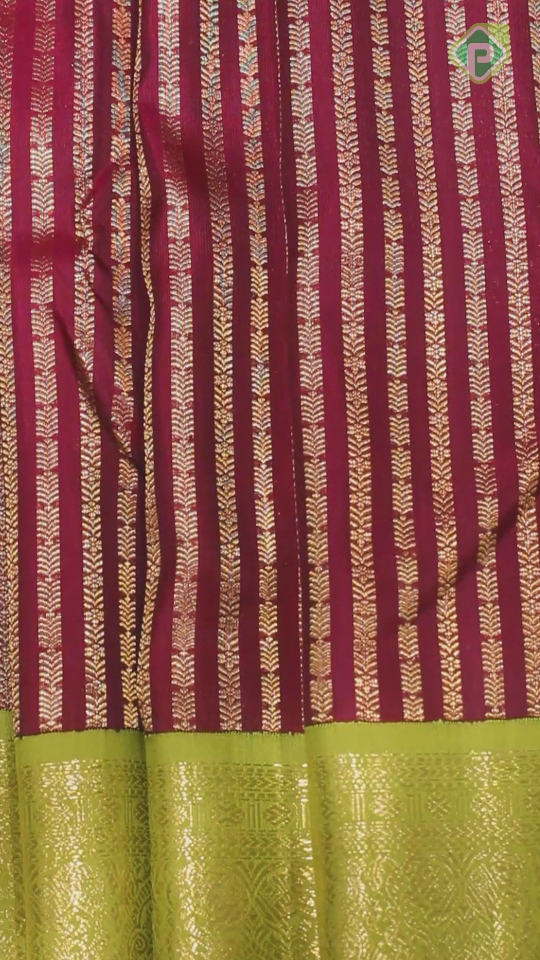Purple With Gold Zari Stripes Contrast Green Border Traditional Silk Saree