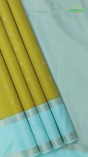 Lemon yellow vairaoosi and butta design rexona green rettapet border Art silk gift saree