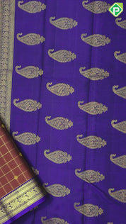 Rust color gold zari checks with rudraksham butta berry blue gold zari peacock edge border traditional silk saree