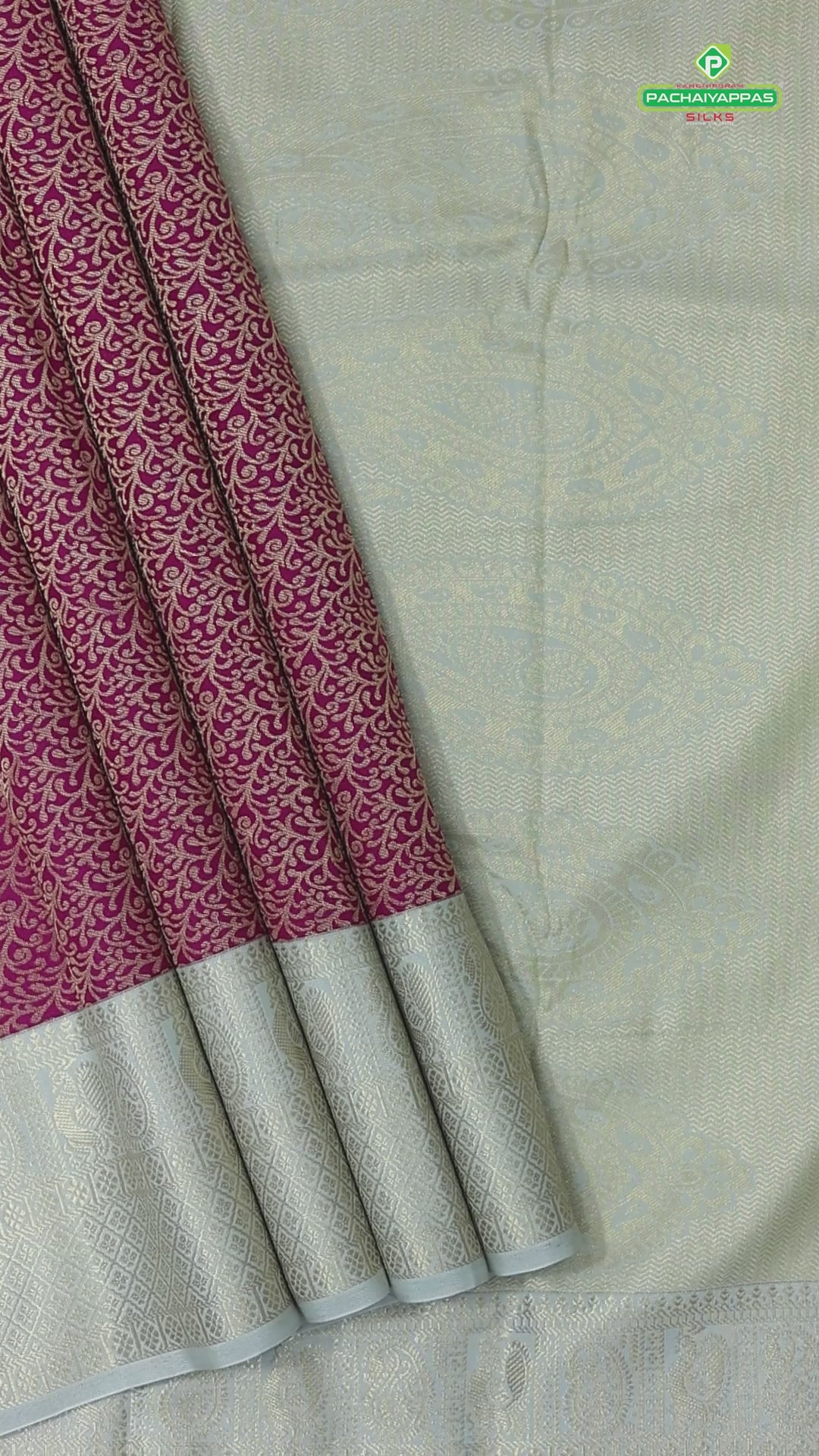 Rani pink gold zari grand floral design contrast thunder grey gold zari border art silk gift saree