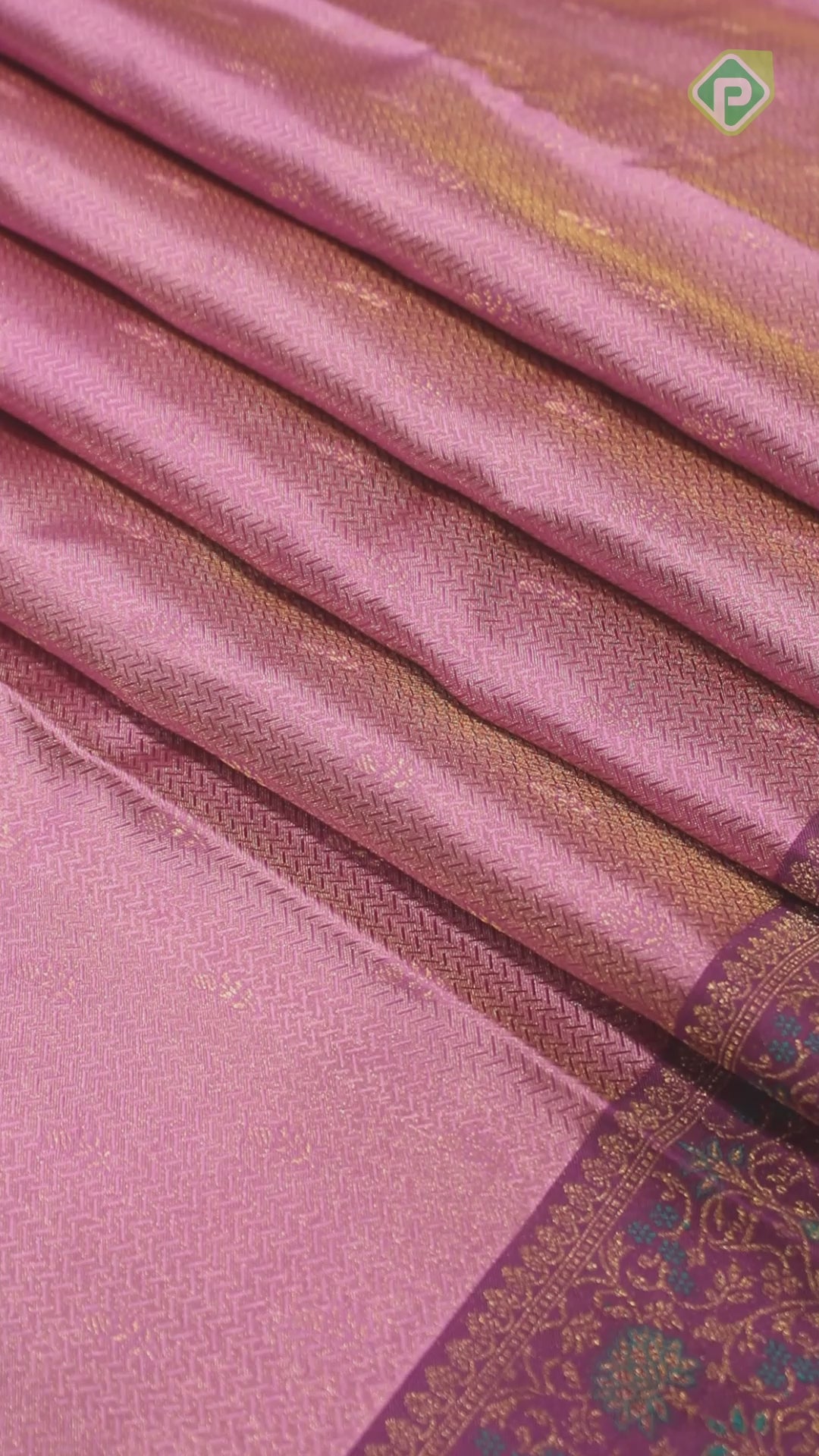 Rose Pink Gold Zari Zig-Zag and Floral Design With Purple Color Meena Work Border Traditional Silk Saree