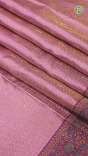 Rose Pink Gold Zari Zig-Zag and Floral Design With Purple Color Meena Work Border Traditional Silk Saree