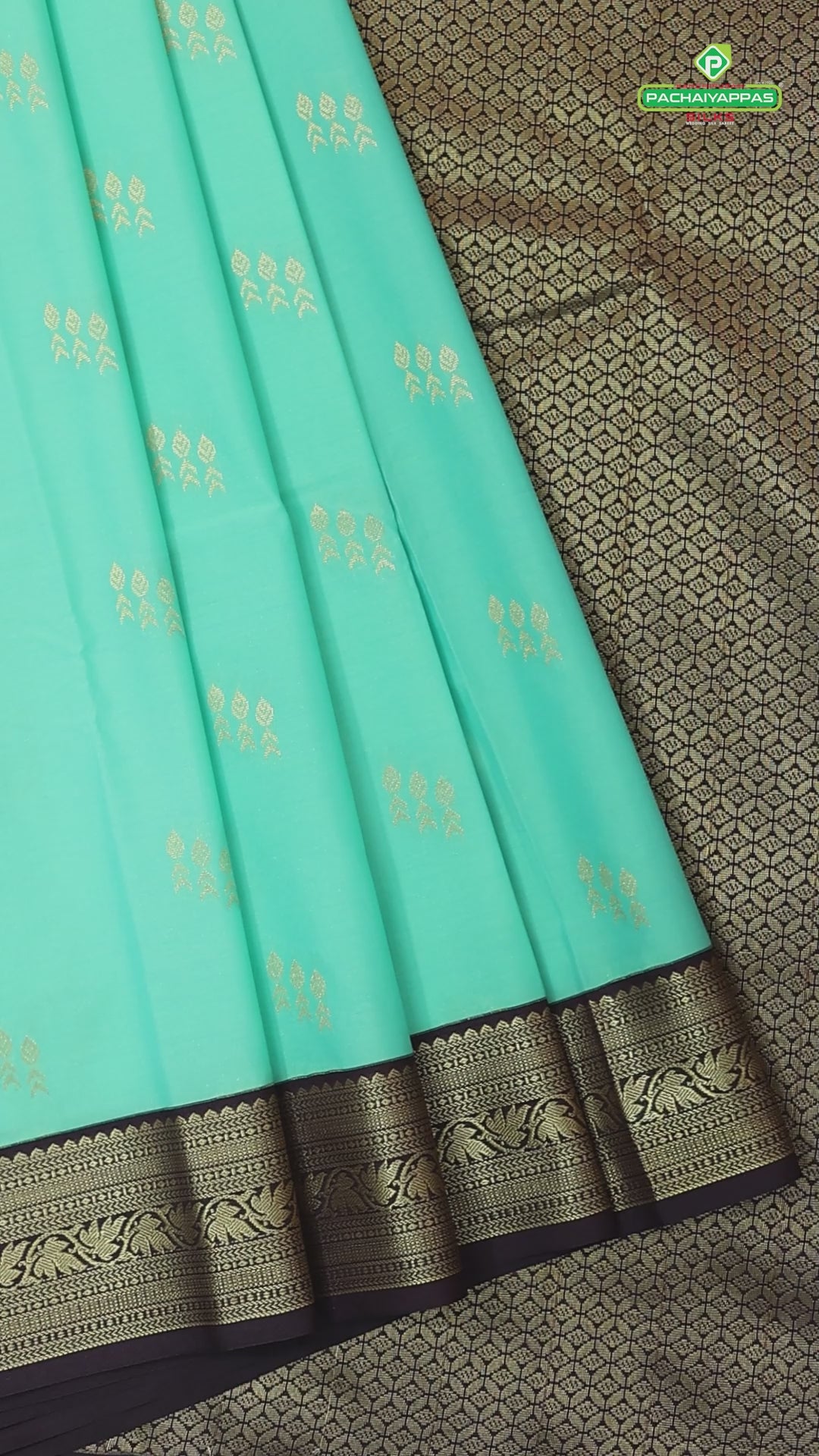 Spring green gold zari butta design contrast brown rangoli border gift saree