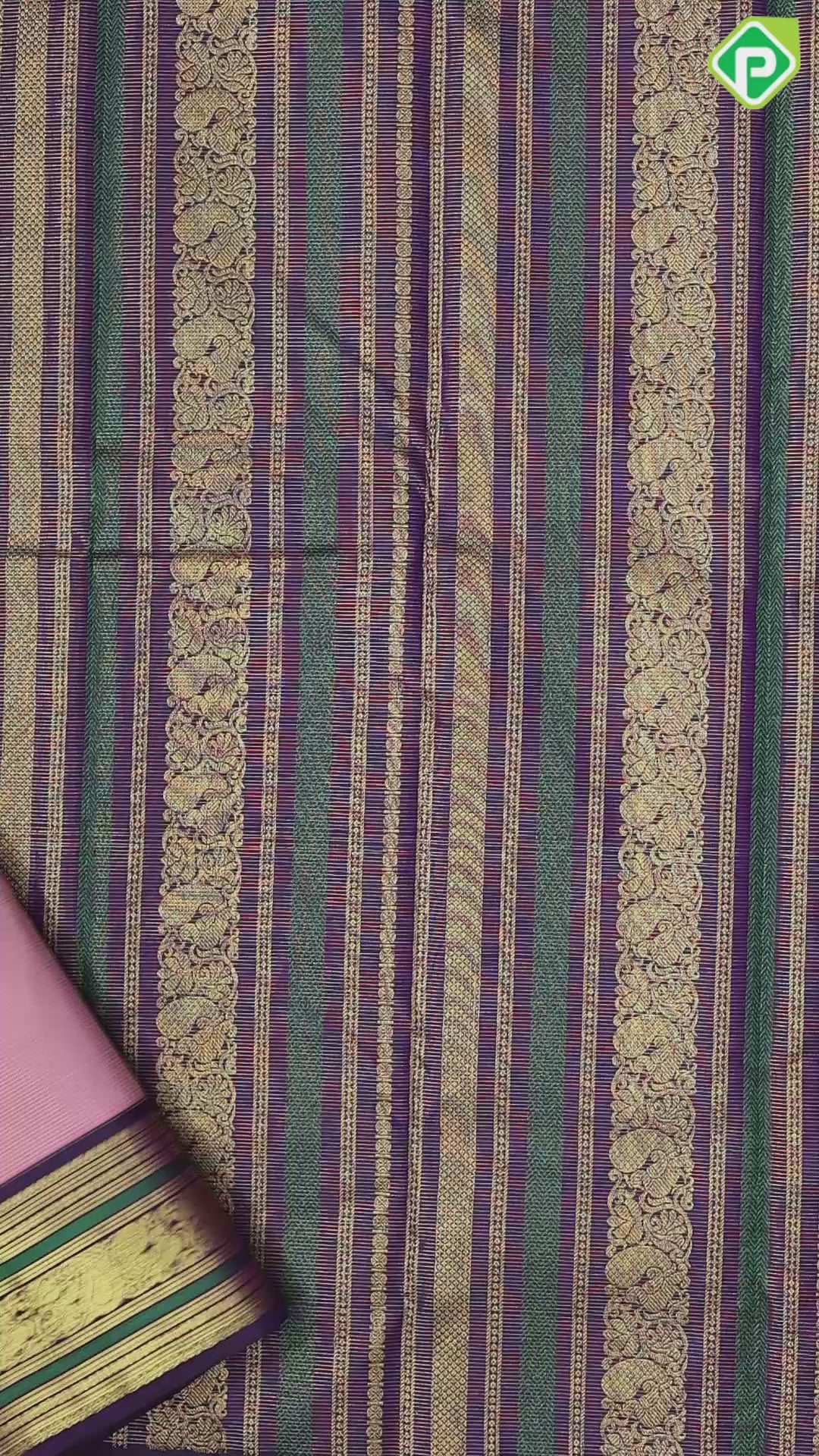 pale pink gold zari mild vairaoosi lines dark purple gold zari peacock mango butta thread work border traditional silk saree