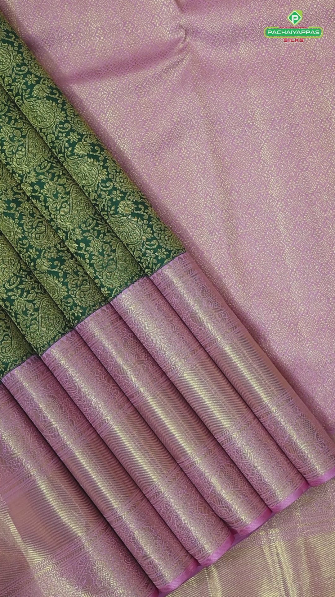 Dark green mango butta contrast light pink with gold zari mid bavanji border grand brocade bridal silk saree