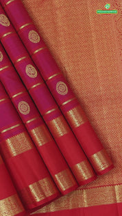 Reddish pink with gold zari lines and butta design brick red gold zari rettapet gap border traditional silk saree