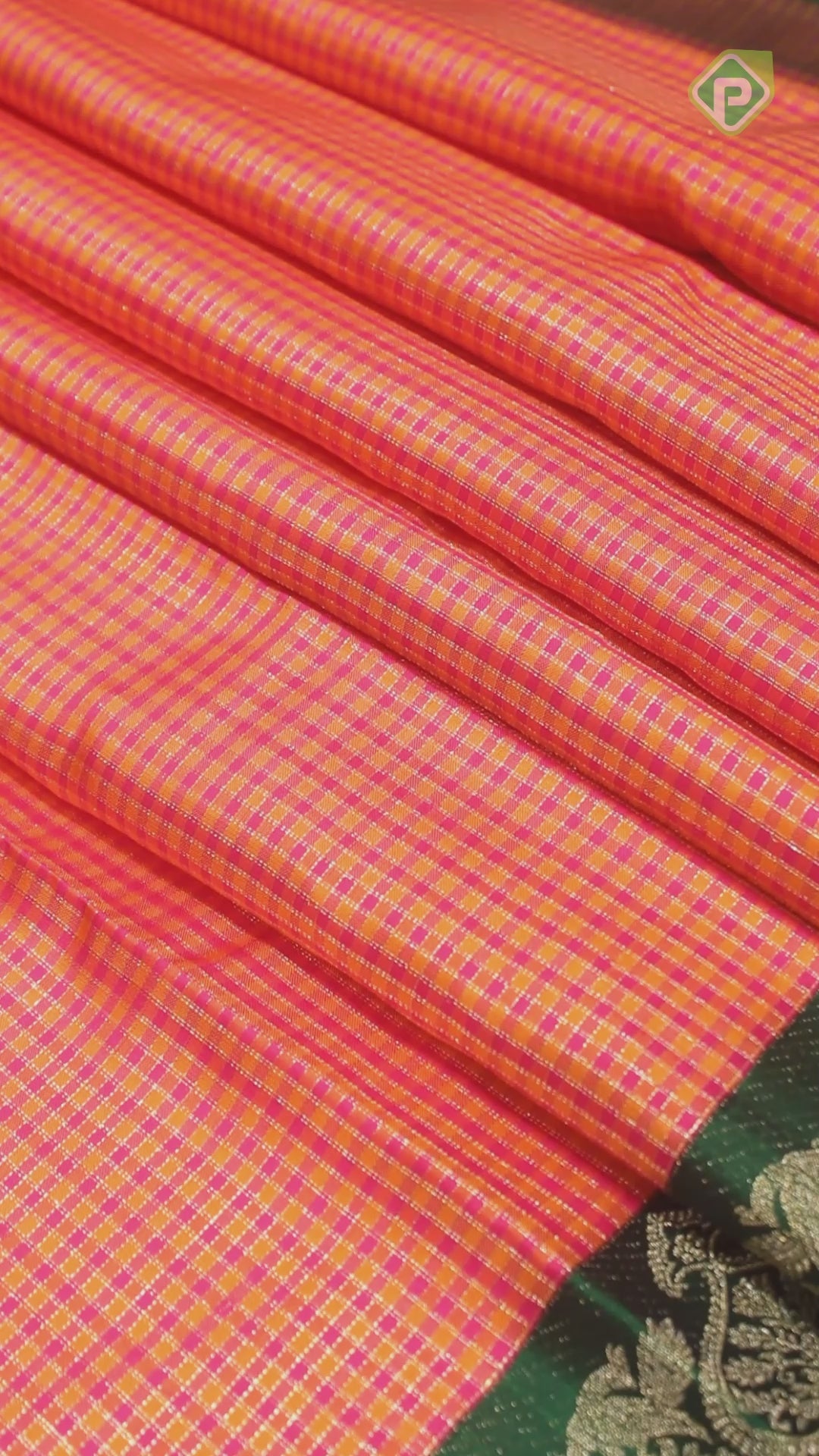 Fanta Orange And Pink Color Checked Gold Zari With Green Color Peacock Design Border Traditional Silk Saree