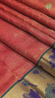 Rani Pink Gold Zari Self Designed Lines Peacock Blue Meena Work Border Grand Bridal Silk Saree