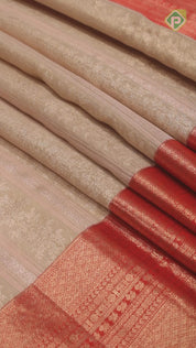 Cream With Baby Pink Lines Gold Zari And Red Colure Border Trendy Designer Silk Saree