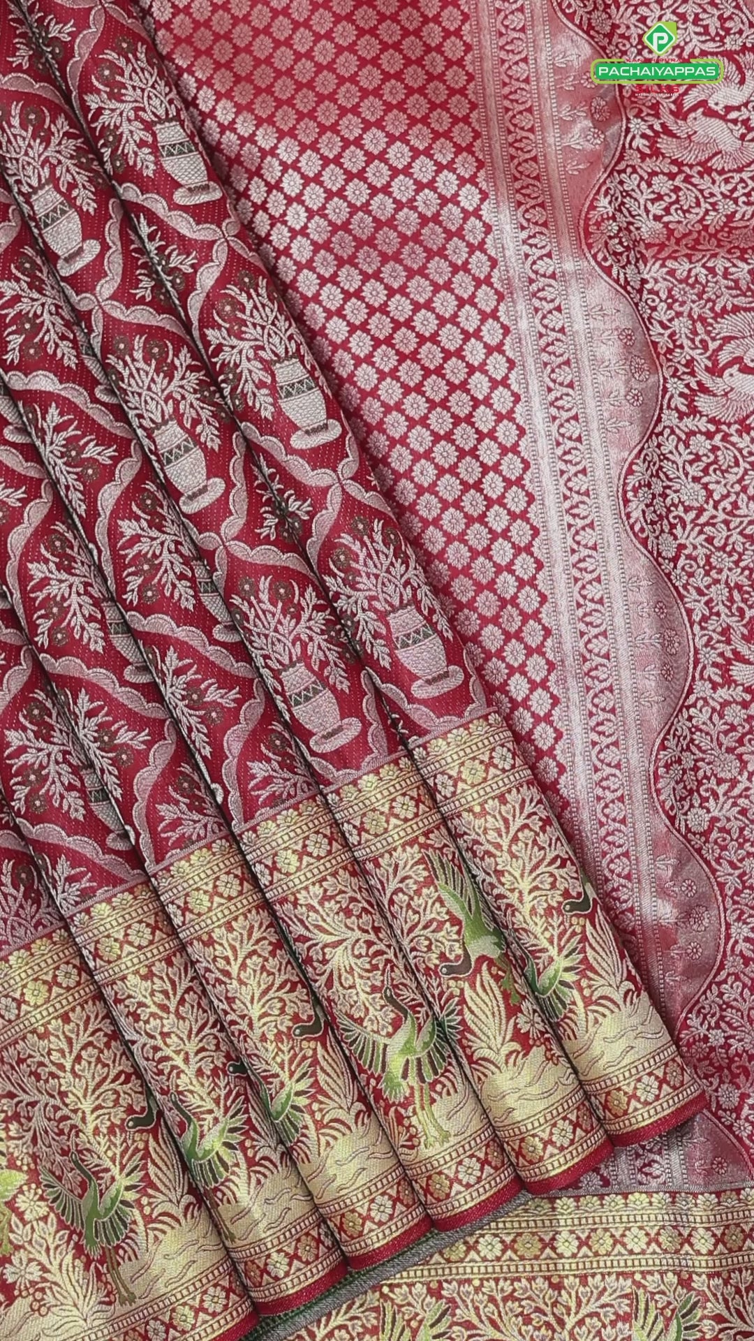 Chilly Red silver zari meena work pots into checks design self gold zari meena work border exclusive wedding silk saree