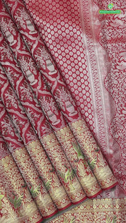 Chilly Red silver zari meena work pots into checks design self gold zari meena work border exclusive wedding silk saree