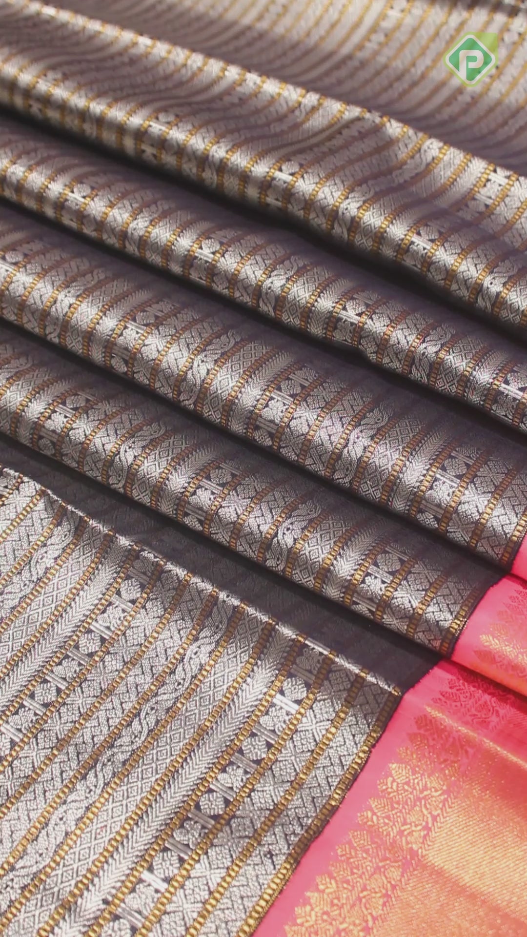 Dark Navy Blue Silver And Gold Zari Veldhaari Design  With Pink Color Border Traditional Silk Saree