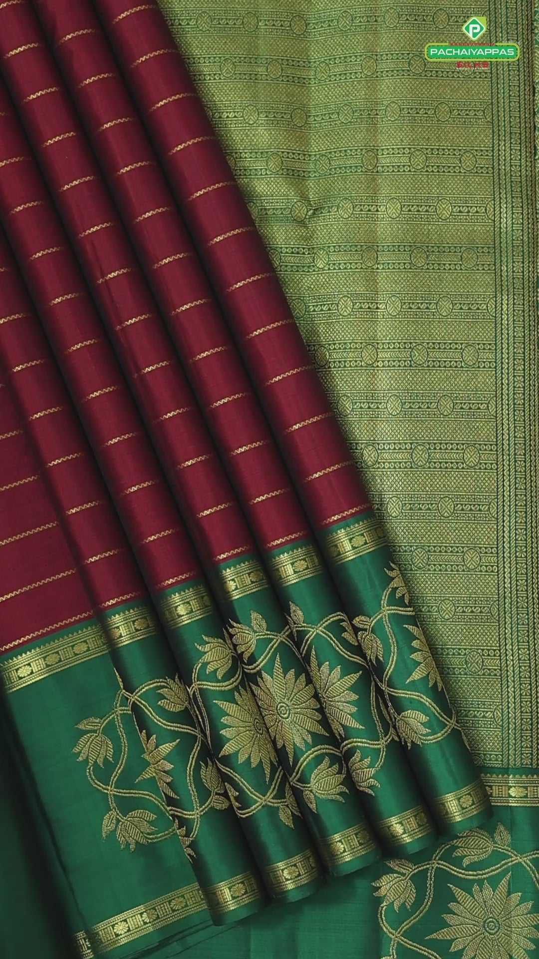 Magenta Red Velthari lines design bottle green with gold zari  rettapet mid gap border silk saree